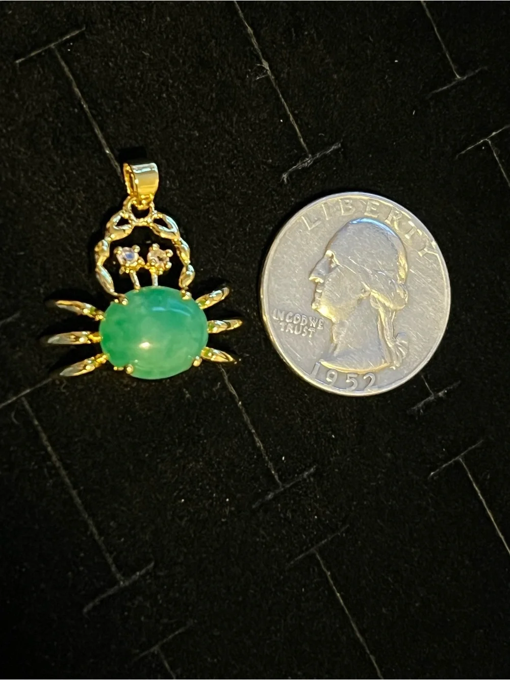 Gold toned Crab Pendant Necklace with Green Jade Stone Clear Quartz